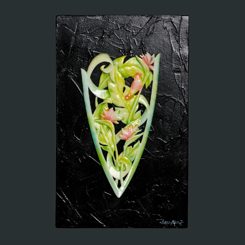 Surfboard carving “Birds in Paradise” by Ruben Aira Jr. — Hawaiiana series sculpture celebrating tropical flowers, island wildlife, and ocean culture. Hawiian Carvings, Surf board art, Hawaii Art, spirit, inspiration, waves, mountains, relics, resin art, museum pieces.