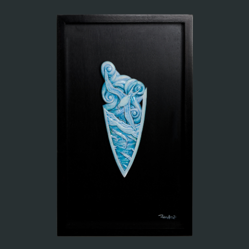  “Horizon” carved surfboard sculpture — Limited edition art piece by Ruben aria Jr. half-board Hawaiiana artwork inspired by the ocean skyline and island perspective. Hawaiian art, Hawaiian Scuplture, surf boards, surfing, surf art surf broad art
