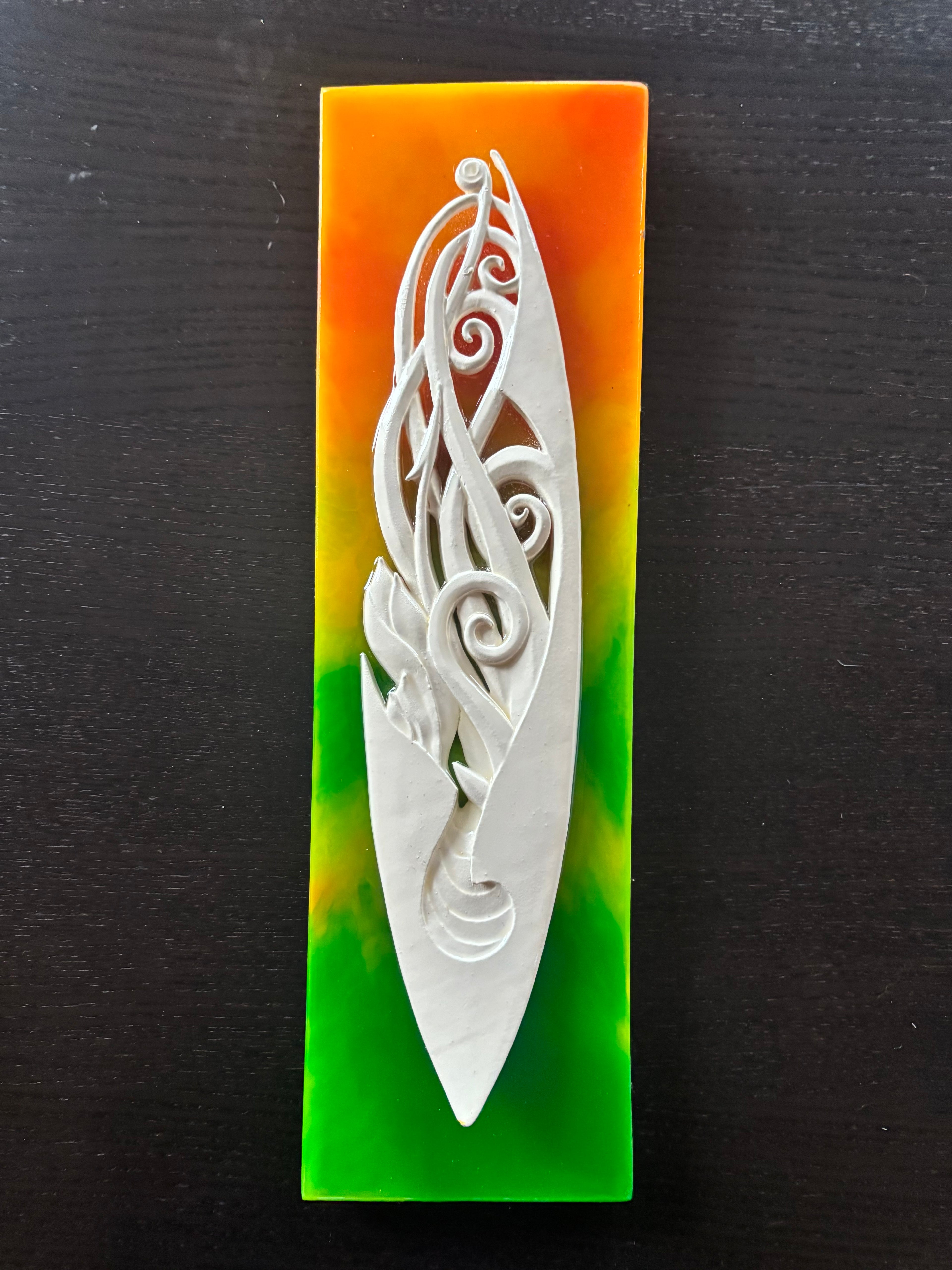  “Seaflower” tinted miniature surfboard sculpture — 1:50 limited edition art piece by Ruben Aria Jr. Hawaiiana series artwork inspired by ocean flow, tropical flowers, and island harmony. Hawaiian art, Hawaiian Scuplture, surf boards, surfing, surf art surf broad art